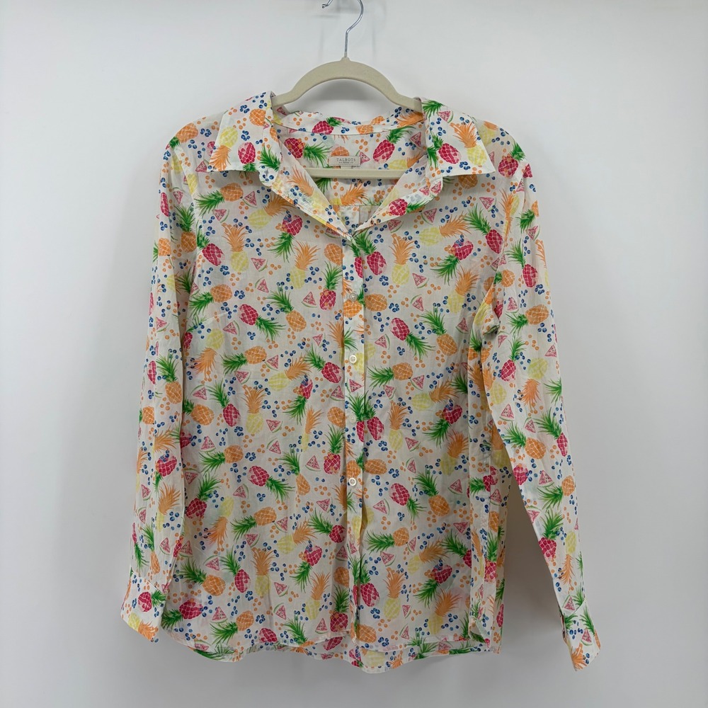 Talbots Womens LP White Multicolor Fruit Print Cotton Button Down Shirt Tropical